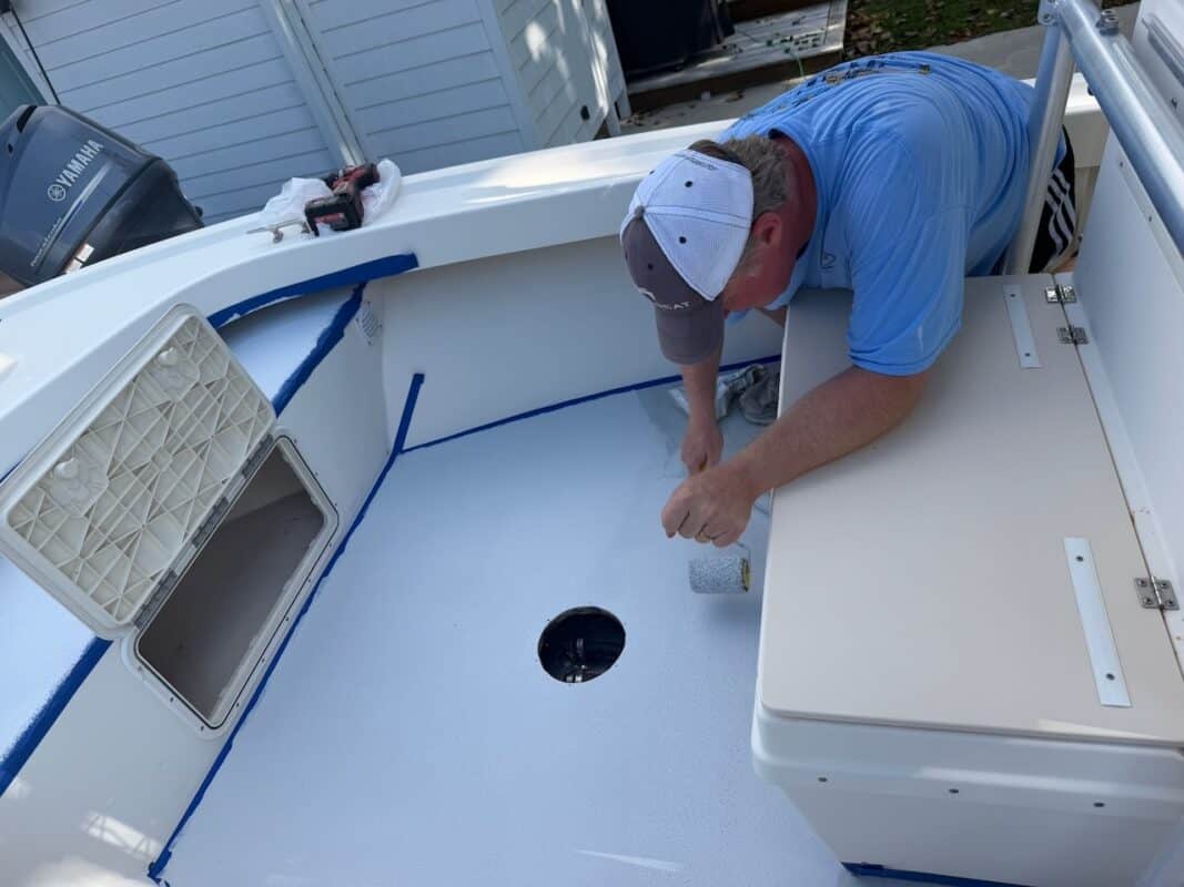 Installing Kiwigrip textured non-skid to a 2007 Parker 1801 center console. 