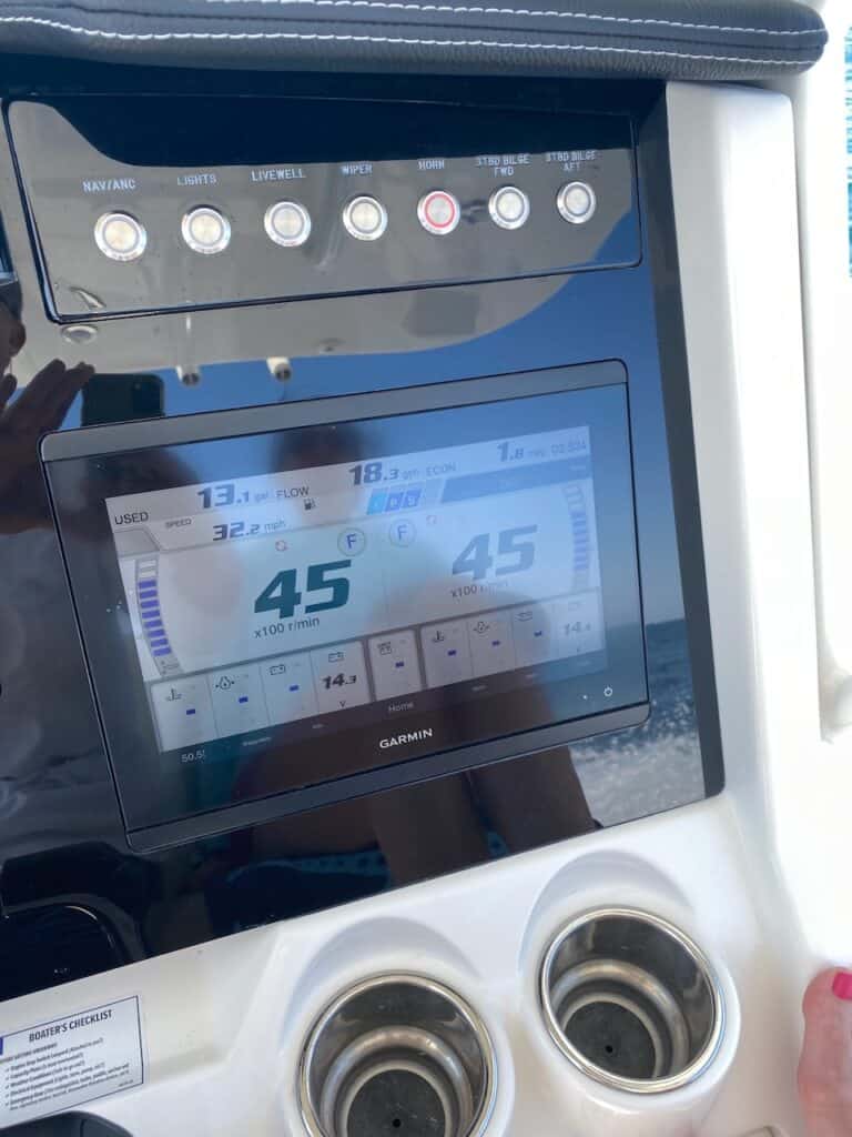 World Cat 280 CC-X Value: A Market Report (2026) 3 garmin showing the performance numbers for the twin 200 yamaha outboards on a 2021 World Cat 280 ccx boat.